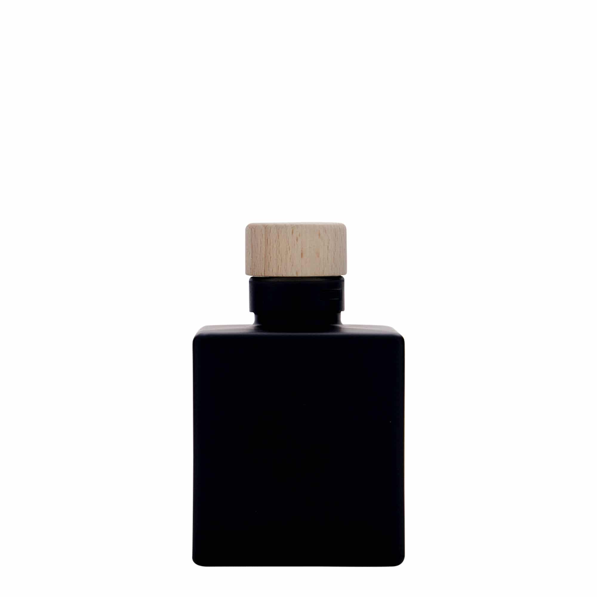 100 ml Glasflasche 'Cube', quadratisch, schwarz, Mündung: Kork