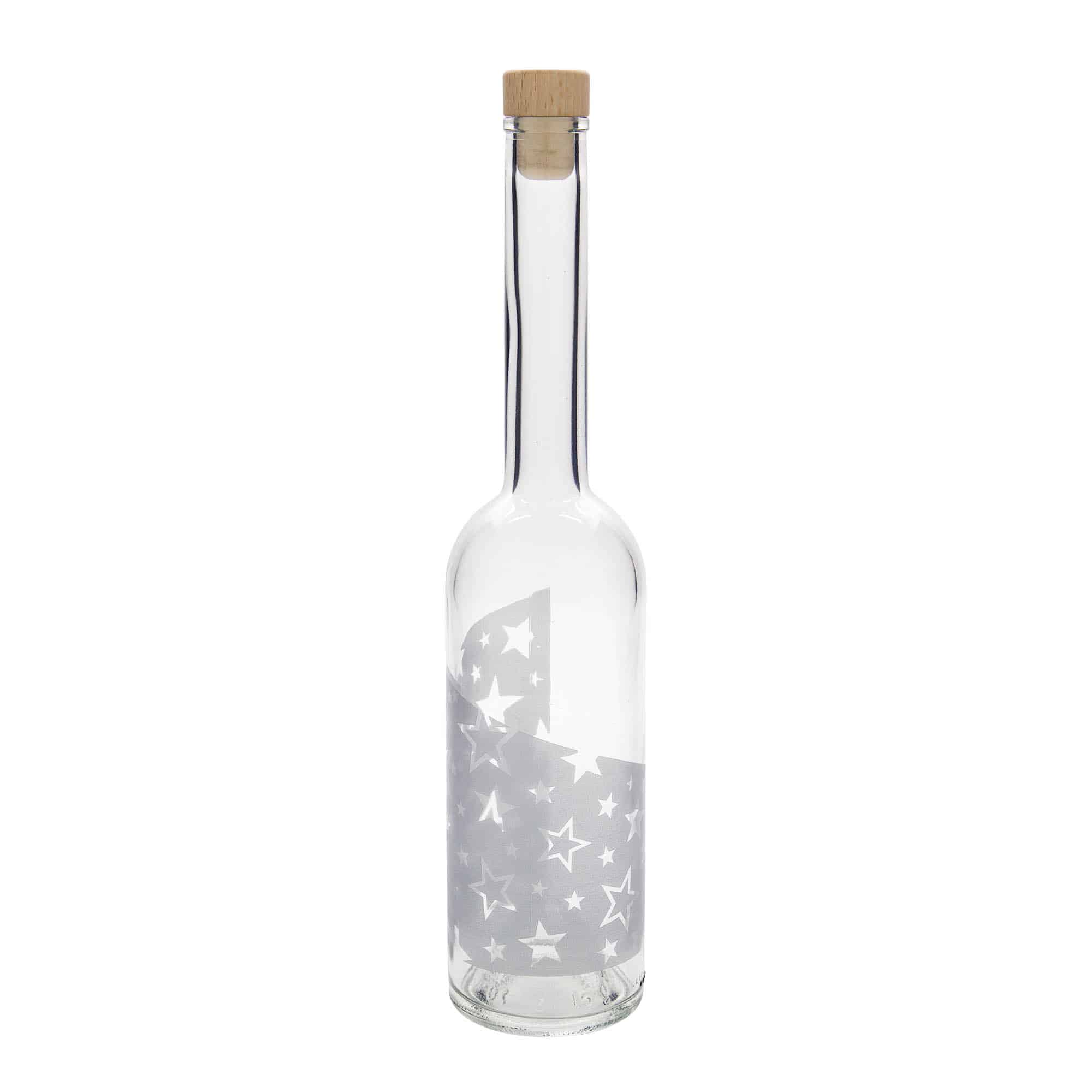 500 ml Glasflasche 'Opera', Motiv: Silbersterne, Mündung: Kork