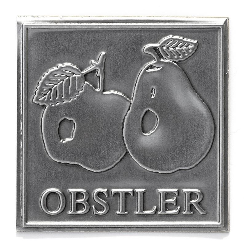 Zinnetikett 'Obstler', quadratisch, Metall, silber