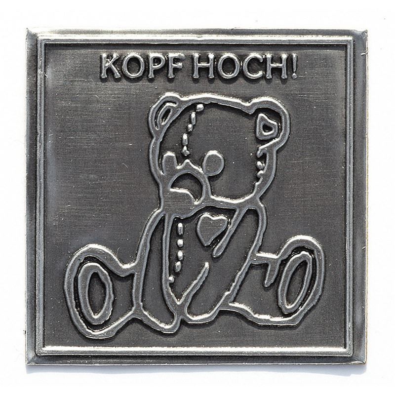 Zinnetikett 'Kopf Hoch', quadratisch, Metall, silber