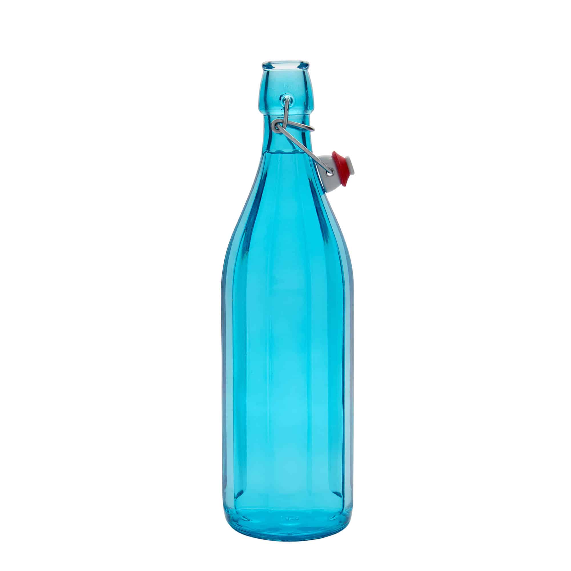 1.000 ml Glasflasche 'Oxford', zehneckig, azurblau, Mündung: Bügelverschluss